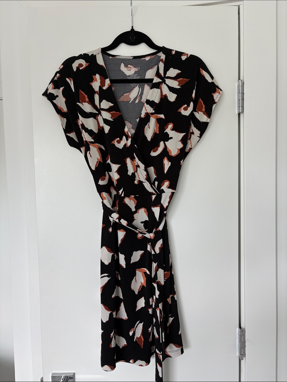 Nine West Black Wrap Midi Dress with Rust and Cream Floral Print